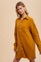 Camel Rolled Cuff Button Down Dress