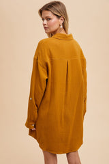 Camel Rolled Cuff Button Down Dress