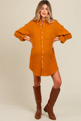 Camel Rolled Cuff Maternity Button Down Dress