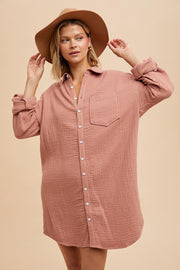 Mauve Rolled Cuff Button Down Dress