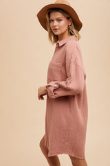 Mauve Rolled Cuff Button Down Dress