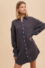 Charcoal Rolled Cuff Button Down Dress