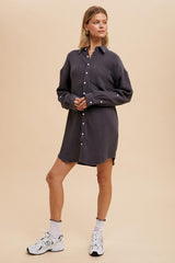 Charcoal Rolled Cuff Button Down Dress