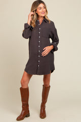 Charcoal Rolled Cuff Maternity Button Down Dress