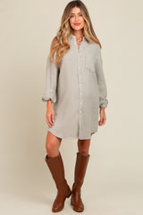 Light Olive Rolled Cuff Maternity Button Down Dress