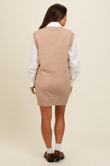 Beige Layered Sweater Shirt Maternity Mini Dress