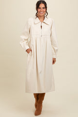 Cream Half Zip Front Pocket Collared Midi Dress