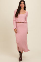 Pink Ruffle Hem Knit Top And Midi Skirt Set