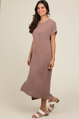 Taupe Ribbed Short Sleeve Midi Dress