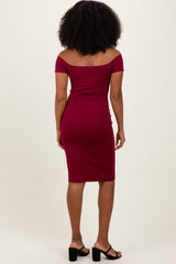 Burgundy Off Shoulder Fitted Midi Dress