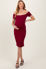 Burgundy Off Shoulder Fitted Maternity Midi Dress