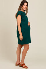 Green Front Pocket Line Textured Short Sleeve Maternity Dress