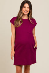 Violet Front Pocket Line Textured Short Sleeve Maternity Dress