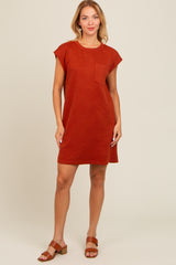 Rust Front Pocket Line Textured Short Sleeve Maternity Dress