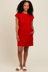 Deep Red Front Pocket Line Textured Short Sleeve Dress