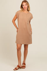 Mocha Front Pocket Line Textured Short Sleeve Dress