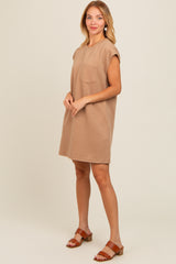 Mocha Front Pocket Line Textured Short Sleeve Dress