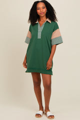 Forest Green Striped Color Block Collared Terry Dress