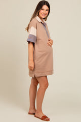 Mocha Striped Color Block Collared Terry Maternity Dress