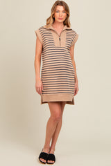 Mocha Striped Knit Cap Sleeve Maternity Mini Dress