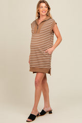 Olive Brown Striped Knit Cap Sleeve Maternity Mini Dress