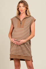 Olive Brown Striped Knit Cap Sleeve Maternity Mini Dress