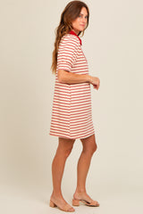 Cream Striped Collared Puff Sleeve Dress