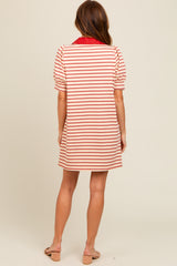 Cream Striped Collared Puff Sleeve Dress