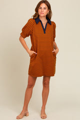 Camel Striped Collared Puff Sleeve Dress