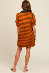 Camel Striped Collared Puff Sleeve Dress