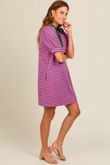 Violet Striped Collared Puff Sleeve Dress