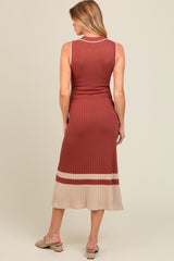 Rust Knit Button Front Contrast Border Maternity Midi Dress