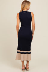 Navy Knit Button Front Contrast Border Midi Dress