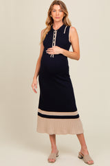 Navy Knit Button Front Contrast Border Maternity Midi Dress