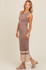 Mocha Knit Button Front Contrast Border Midi Dress