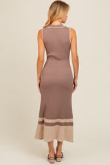 Mocha Knit Button Front Contrast Border Midi Dress