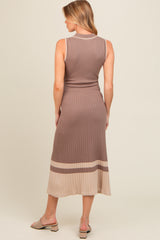 Mocha Knit Button Front Contrast Border Maternity Midi Dress