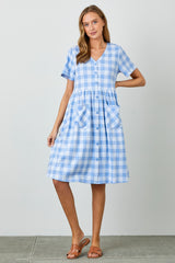 Blue Multi Gingham Button Front Dress