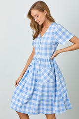 Blue Multi Gingham Button Front Dress