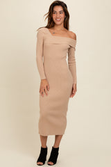 Beige Foldover One Shoulder Maxi Sweater Dress