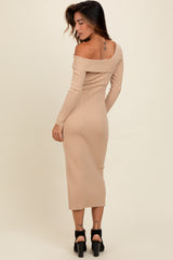 Beige Foldover One Shoulder Maxi Sweater Dress