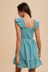 Dark Mint Textured Frill Detail Smocked Bodice Mini Dress