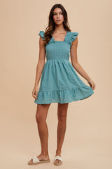 Dark Mint Textured Frill Detail Smocked Bodice Mini Dress