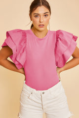 Pink Ruffle Sleeve Crew Neck Knit Bodysuit