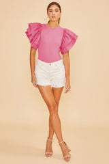 Pink Ruffle Sleeve Crew Neck Knit Bodysuit