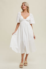 White Poplin Cotton Midi Dress With Front Twist