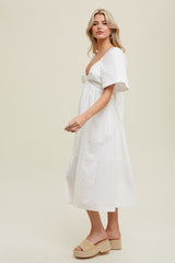 White Poplin Cotton Midi Dress With Front Twist