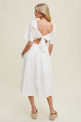 White Poplin Cotton Midi Dress With Front Twist