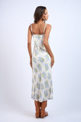 Blue Ivory Floral Sweetheart Neck Long Midi Dress