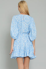 Sky Blue White Dolman Sleeve Braid Belted Ruffle Hem Mini Dress